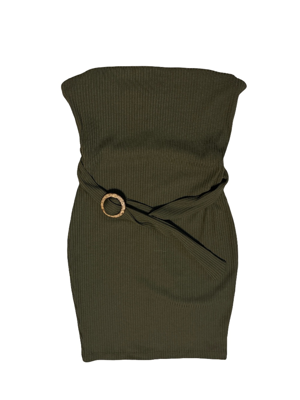 IRIS Olive Green Ribbed Midi Skirt with Buckle Detail